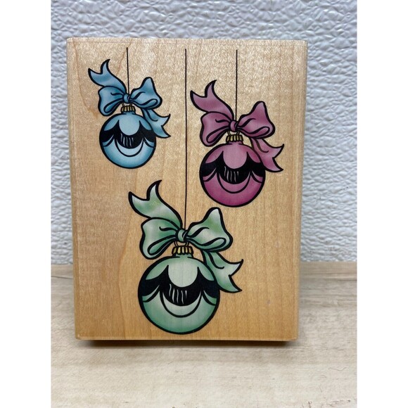 Vtg 2000 Stampendous Ornament Trio Wood Mounted Rubber Stamp - Picture 1 of 6